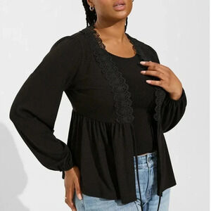 Torrid Cardigan Sweater Knit V-Neck Lace Trim Tie Front Long Sleeve Black New 2X